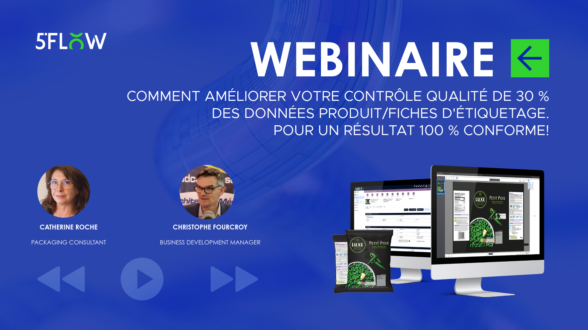 Visuel du webinaire 5Flow sur l’amélioration du contrôle qualité des données packaging et la conformité des fiches produit, avec Catherine Roche, Christophe Fourcroy et une démonstration du logiciel WAVE.